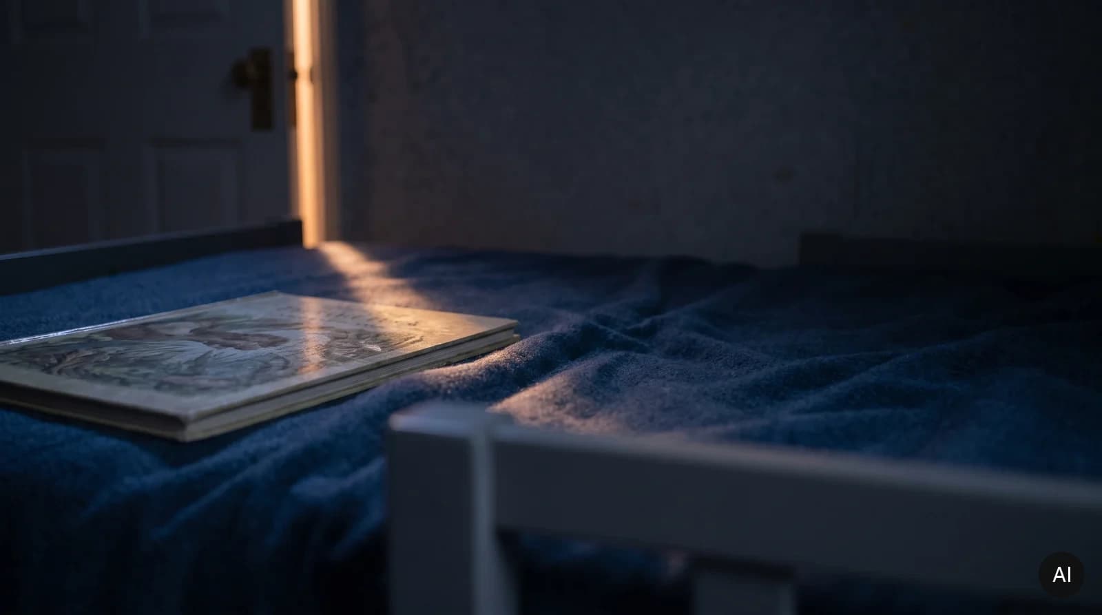 A closed picture book on a dark duvet, a narrow strip of light from the door falling across it