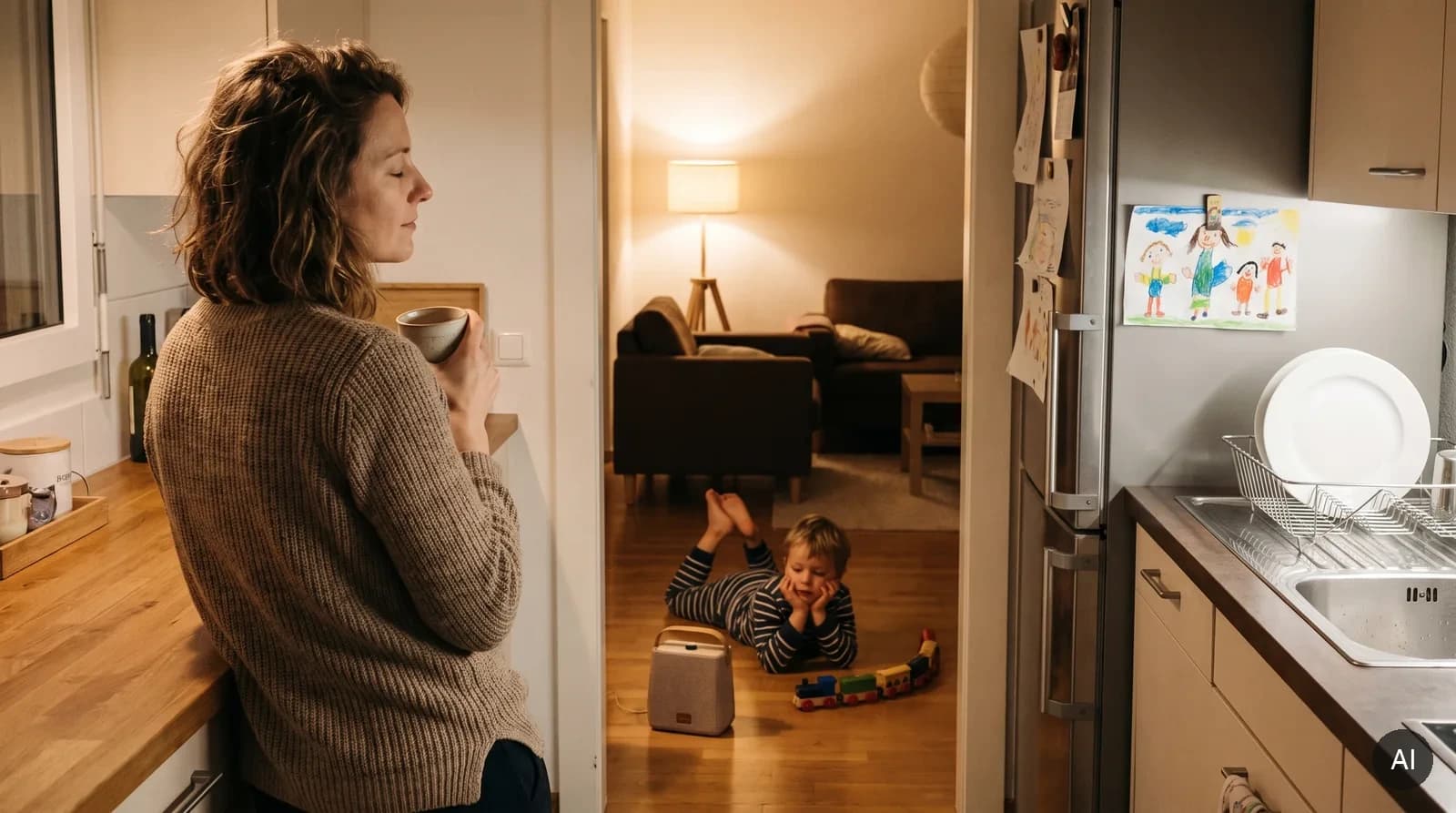 Mutter mit Tasse lehnt an der Küchenzeile, Augen zu, Kind liegt im Nebenzimmer am Boden