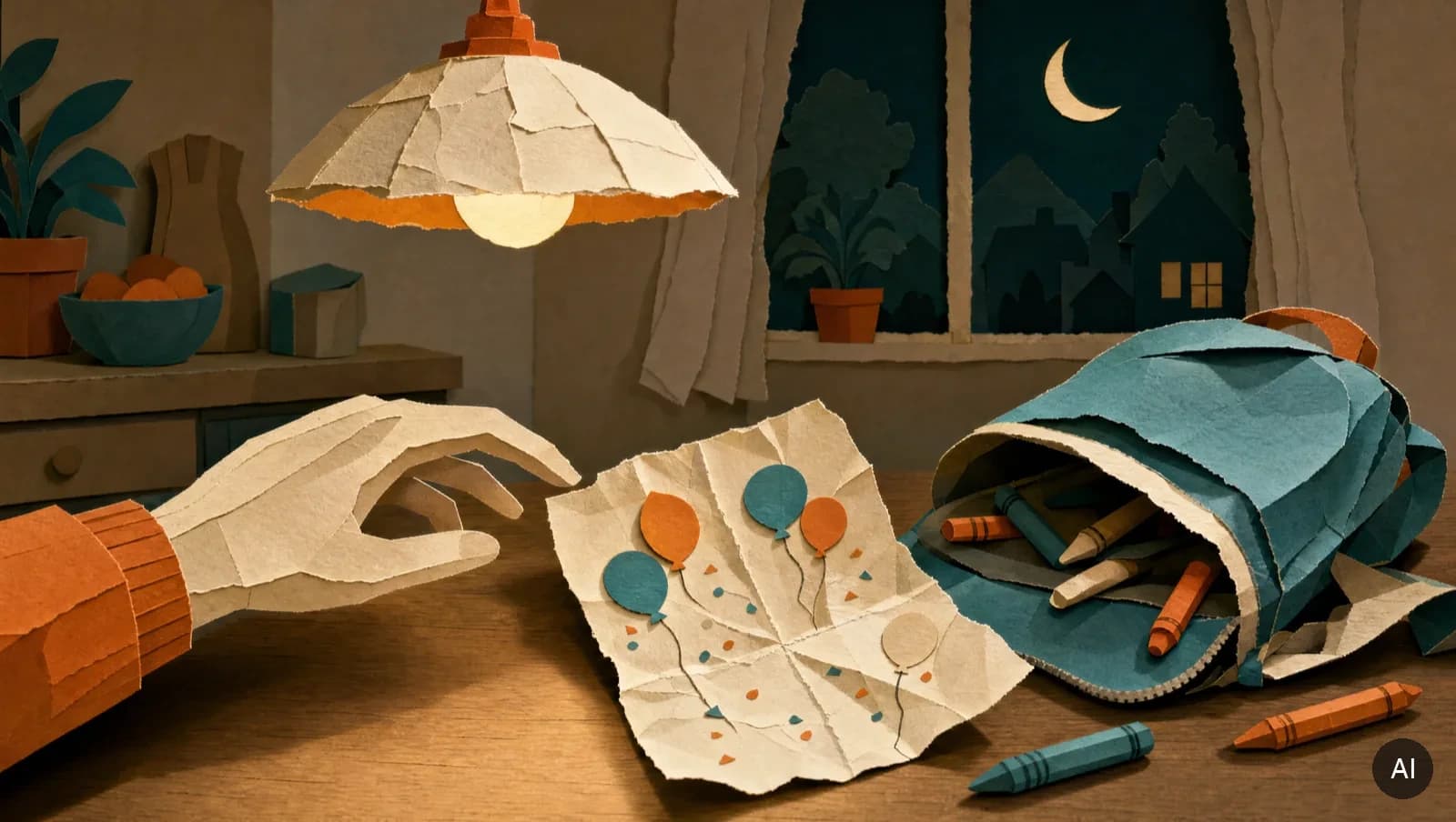 Crumpled birthday invitation on a kitchen table under a warm lamp, next to an open school bag