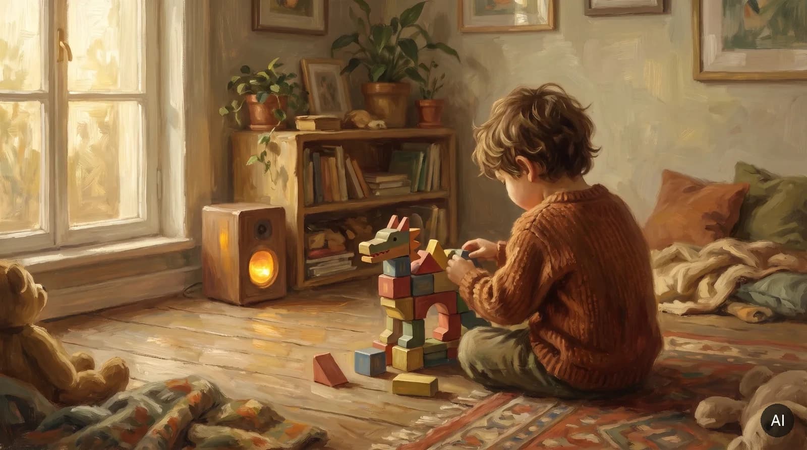 Child building with blocks on a wooden floor, a small audio box glowing in warm evening light behind them