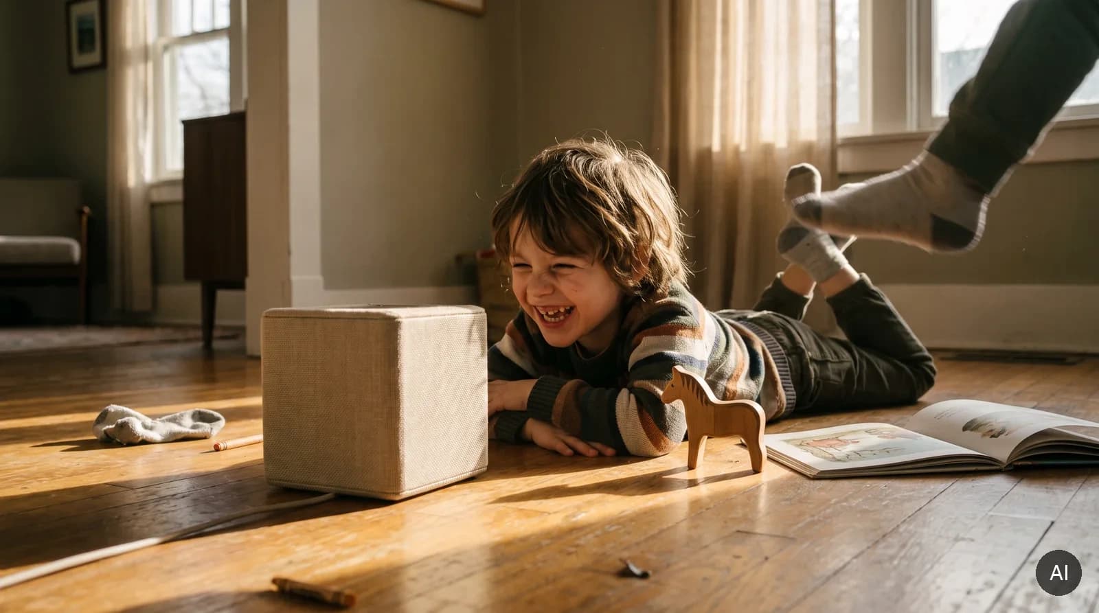 Laughing child lying on floorboards facing a speaker, feet in the air, a picture book and wooden horse nearby