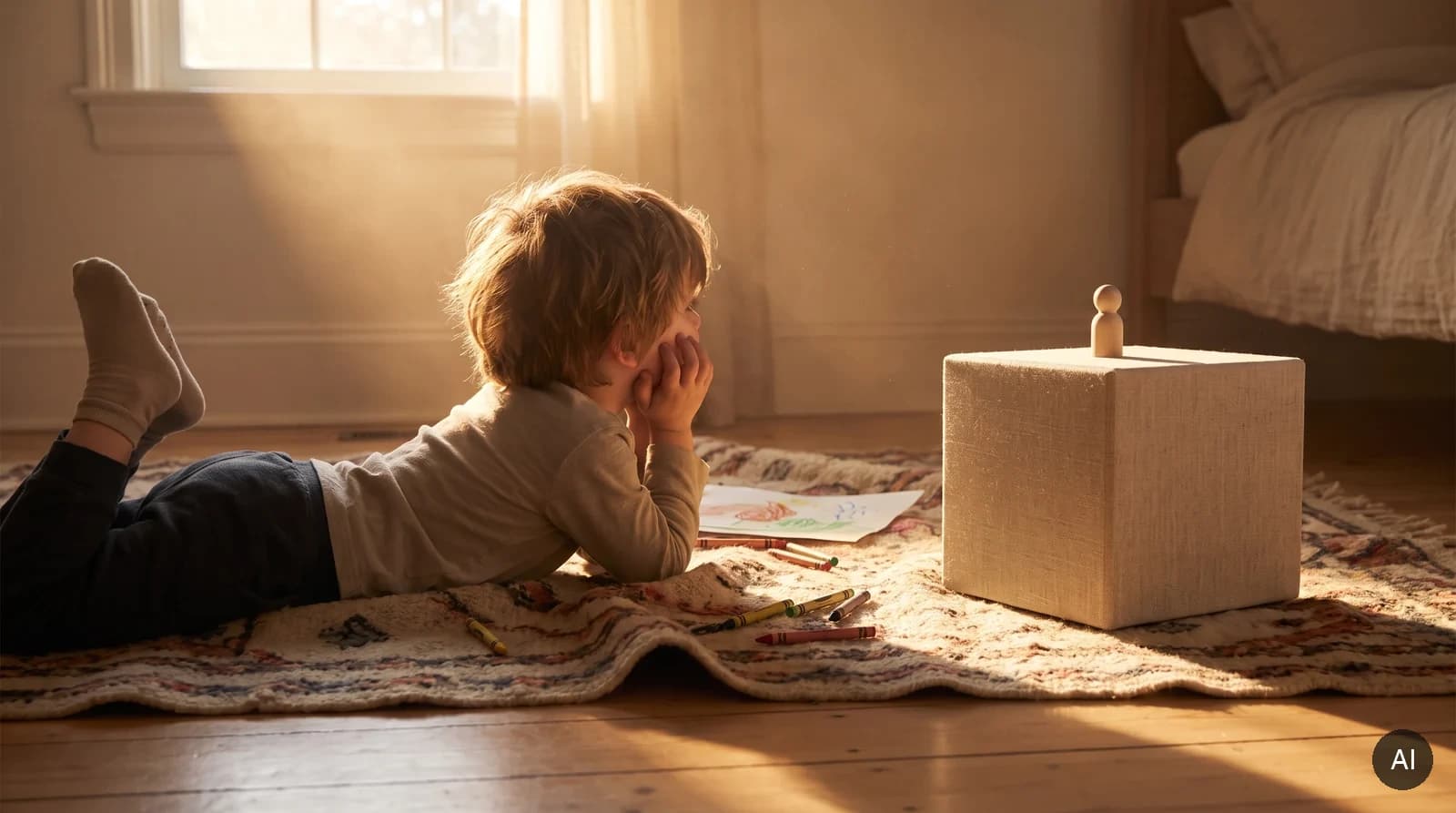 A child lying on a rug in backlight, listening, beside a plain fabric cube with a wooden figure