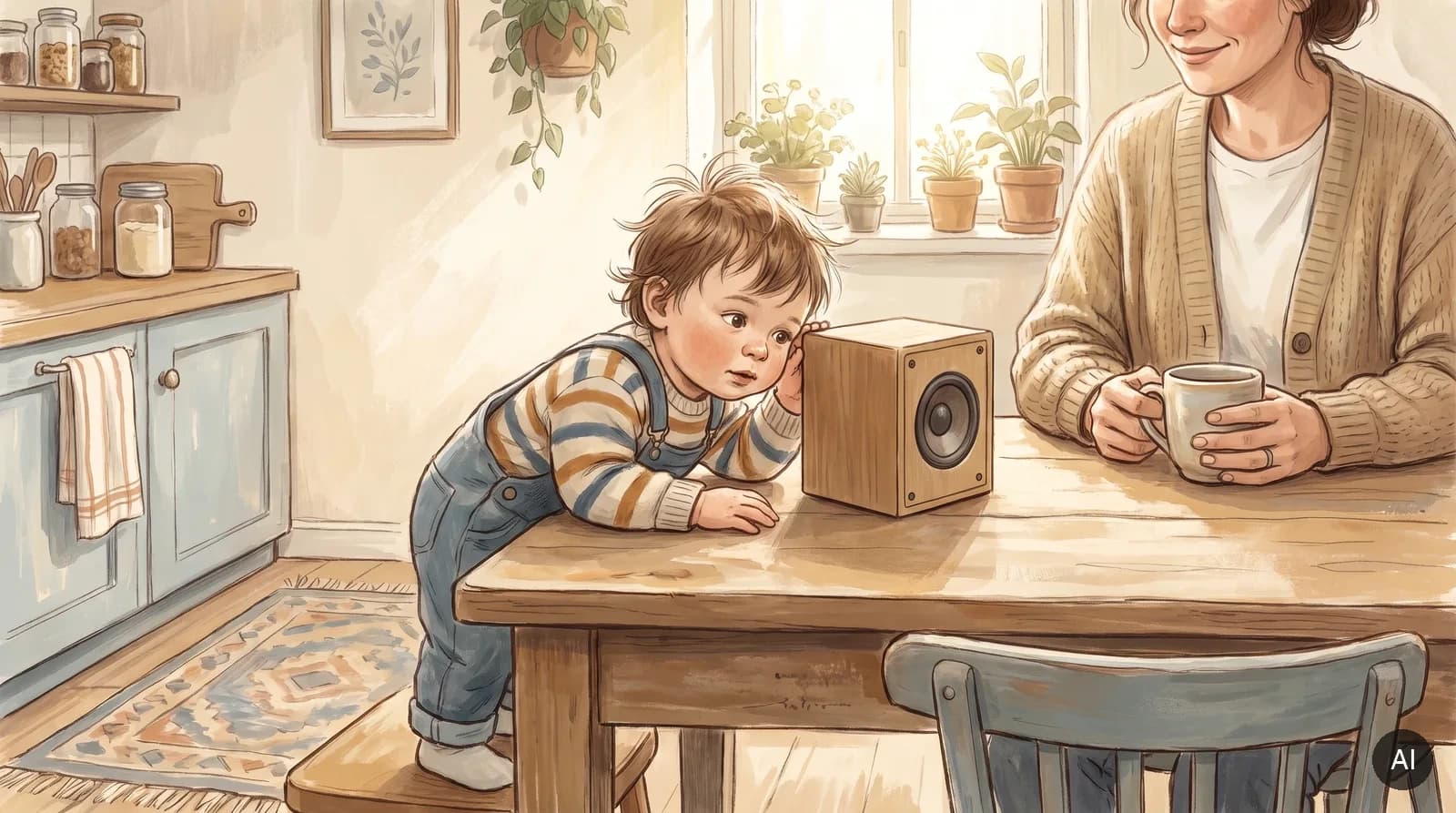 Toddler at a kitchen table listening intently to a small audio box, an adult sitting close by