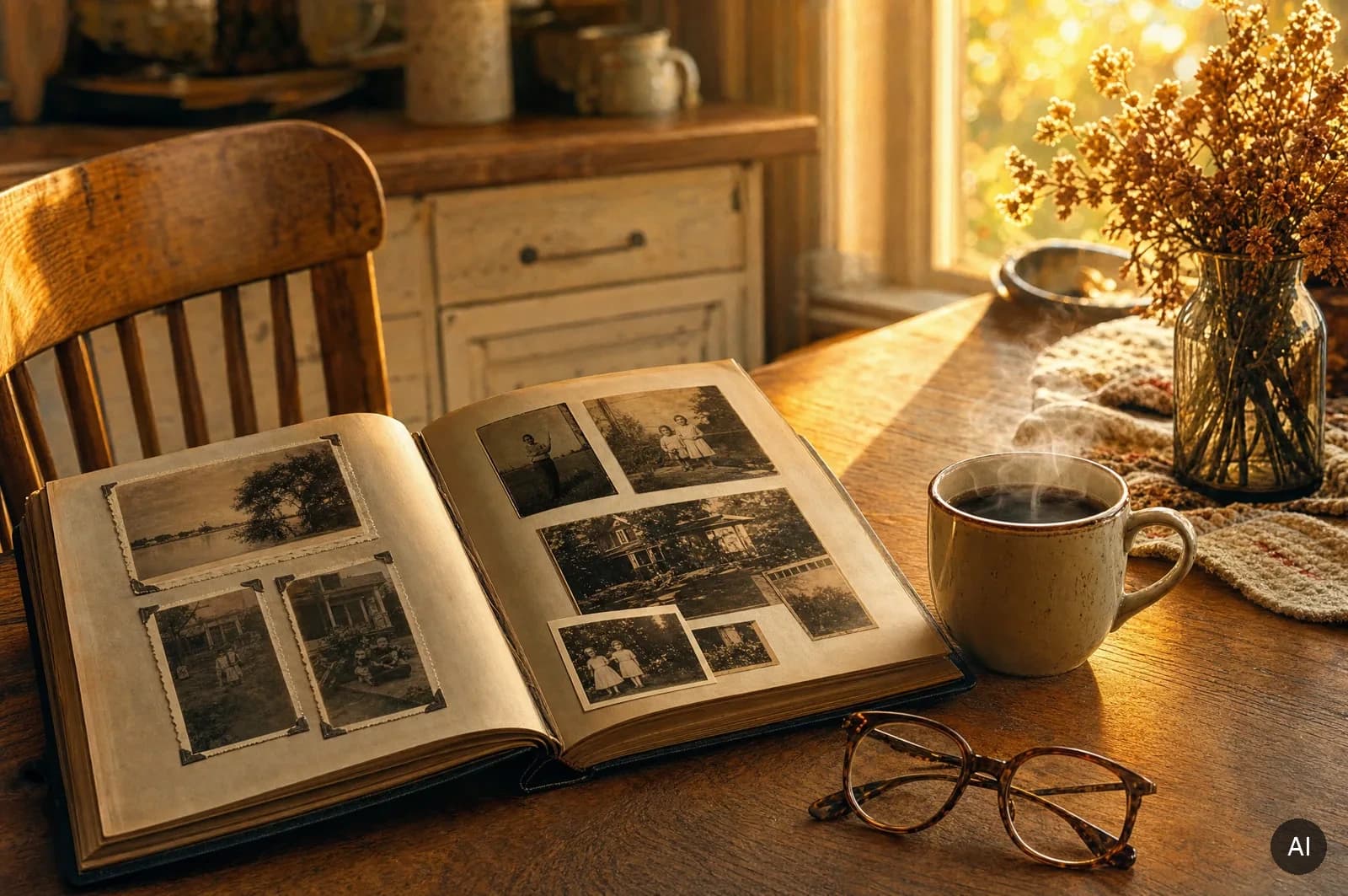 Open photo album with old family photographs beside a coffee cup on a wooden table in evening light