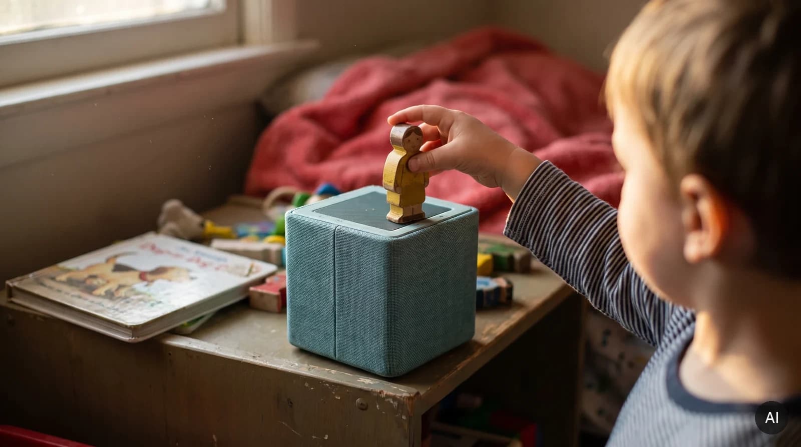 A child's hand placing a wooden figure on a cube-shaped fabric speaker, morning light from the left