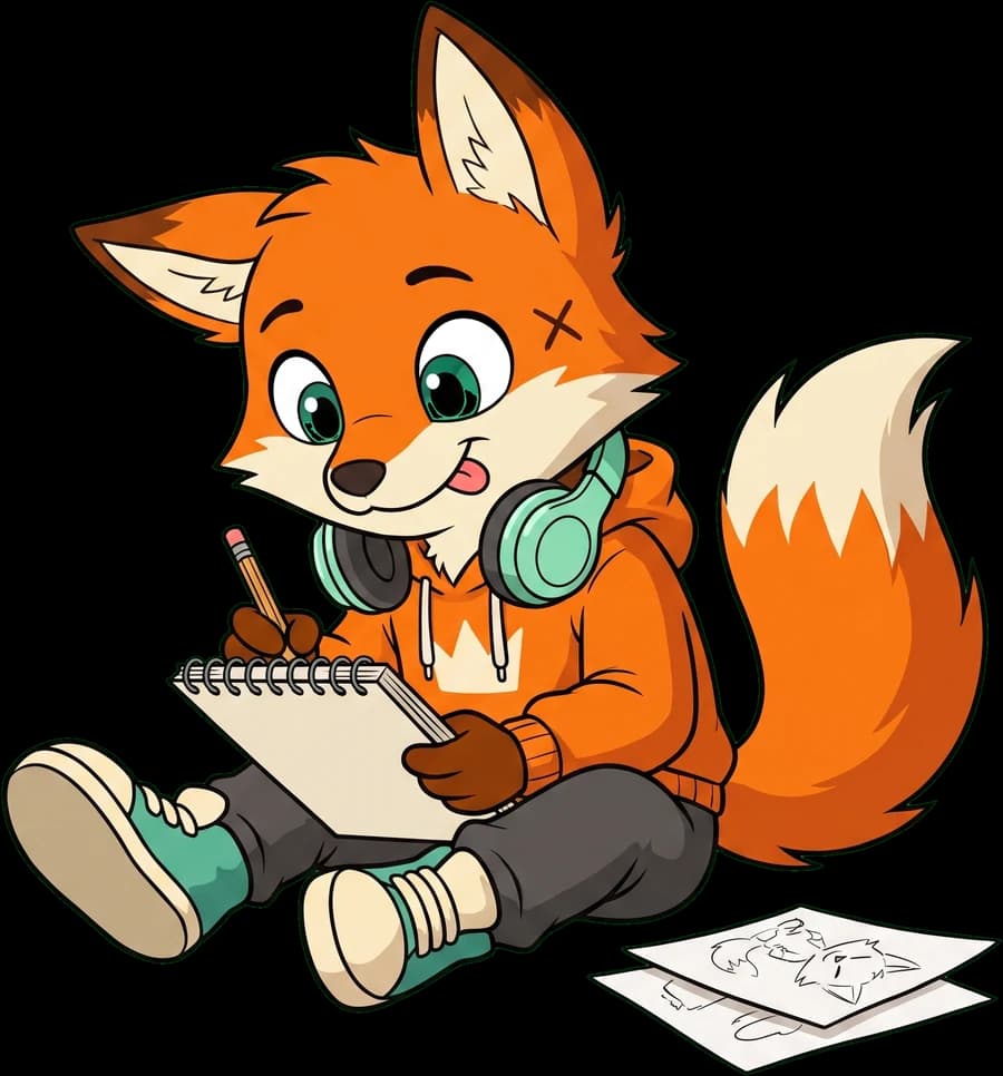 Fab the Fox sitzt am Boden und schreibt in ein Heft