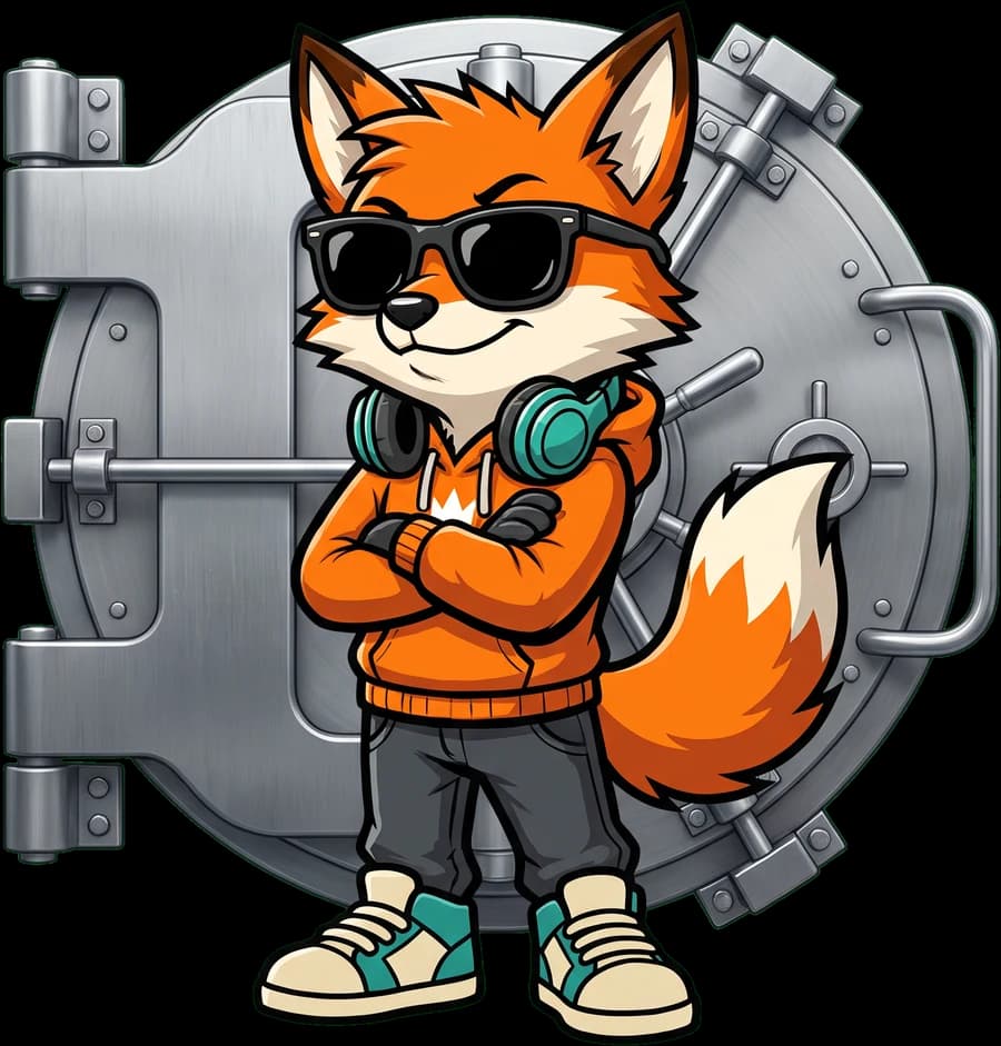 Fab the Fox mit dunkler Sonnenbrille bewacht einen Tresor